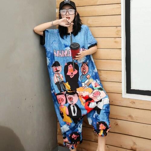 Hip Hop Design Cartoon Pattern Short Sleeve Jumpsuit Summer Women Street Wear Dance Pants Novelty One Piece Overalls Baggy Pants