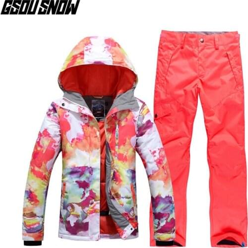 GSOU SNOW Womens Single Double Board Ski Suit Outdoor Winter Waterproof Thickening Warm Breathable Ski Jacket Ski Trousers