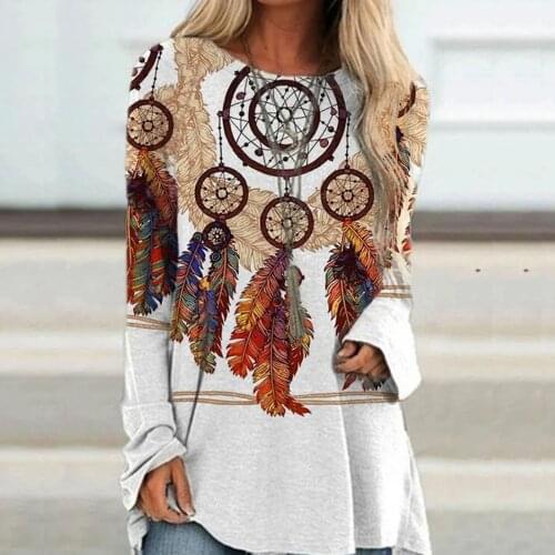 Women Long Sleeve Round Neck Feather Splicing Fresh Printing Pullover Loose T-shirt Fashion Casual All-match Oversized Shirt Top