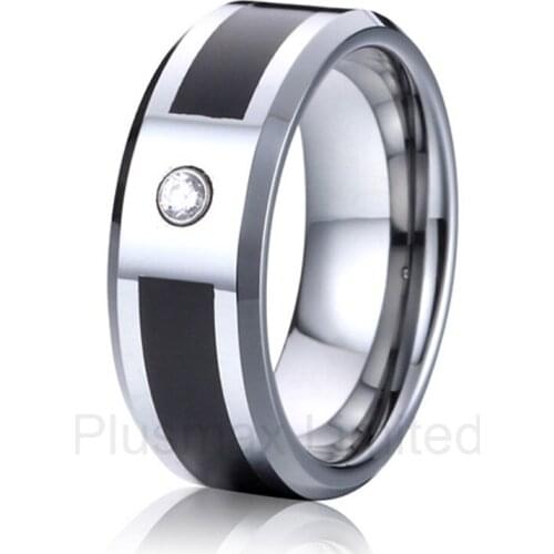 2016 China Supplier offer classic 8mm one cz stone tension setting black men wedding band rings