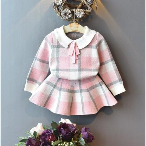 2020 girls baby knitted clothes suit autumn and winter fashion plaid sweater + skirt kids girls elegant clothes