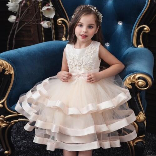 Embroidered Flower girls dress sleeveless layered tutu elegant girls dresses kids dress for girls ceremony summer party dress