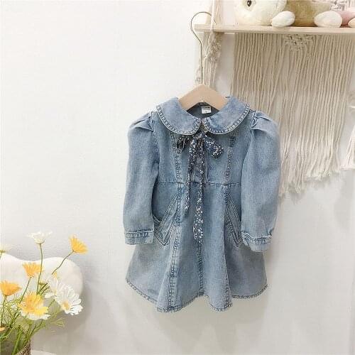 Fashion Spring Autumn Girls Princess Jeans Dress Kids Children Baby Long Sleeve Flora Bowtie Washed Denim Dresses Vestido S12242
