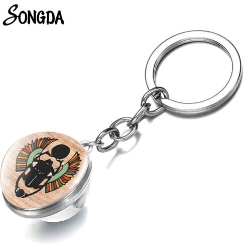 Egyptian Power Symbol Scarab Keychains Ancient Egypt Eye of Horus Glass Ball Keyring Key Holder Men Women Key Chain Car