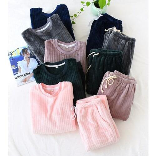 Fdfklak Flannel Autumn Winter Pyjama Set Sleepwear Warm Home Clothes For Women Night Pijama Long Sleeve Couple Pajamas