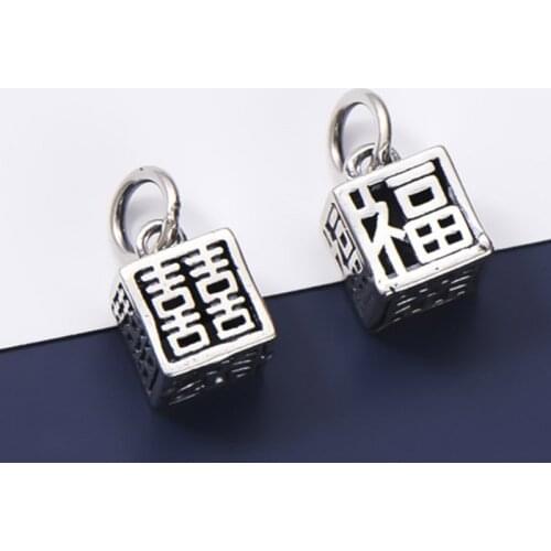 925 Sterling Silver Craftwork Lettering Hollow Square Chinese Blessing Charm Happiness/Lucky Silver Pendants DIY Jewelry Finding
