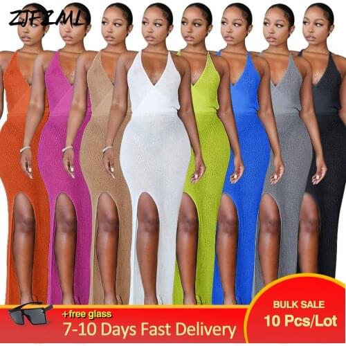 Bulk Items Wholesale Lots Women Crochet Beach Long Dresses See Through Plunge Open Back Tight Side Split Maxi Party Vestidos