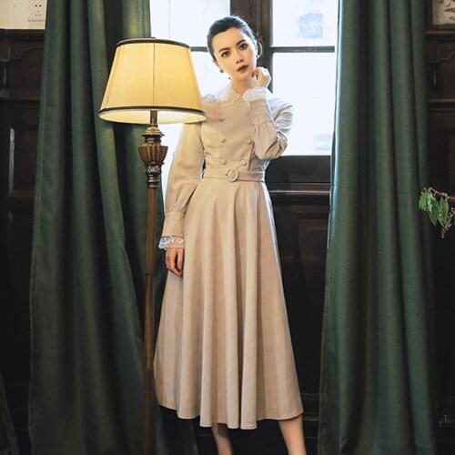 YAMDI lace peter pan collar double-breasted dresses women 2020 a-line elegant runway boho party long sleeve vintage spring dress