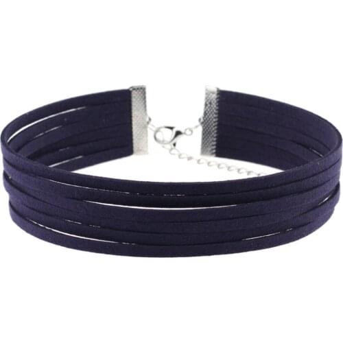 Neo Gothic Deep Blue Black Layers Leather Alloy Lobster Buckle Lock Charm Adjustable Choker Necklace For Women Collier