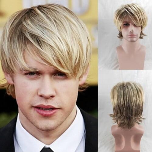 HAIRJOY Synthetic Hair Male Short Curly Wig Heat Resistant Fiber with Bangs Brown Blonde Mixed Wigs for Man