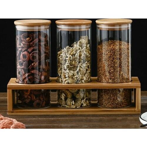 Transparent Glass Sealed Jar with Lid, Sugar Bowl, Kitchen Cereal Dispenser, Glass Bottle, Household Food Storage Jar with Rack