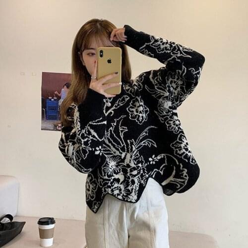 Irregular Design Sweater Autumn Winter Shirt And Tops New Loose Lazy Large Size Knitted Pullover Women Flower Jumper Jacket y938