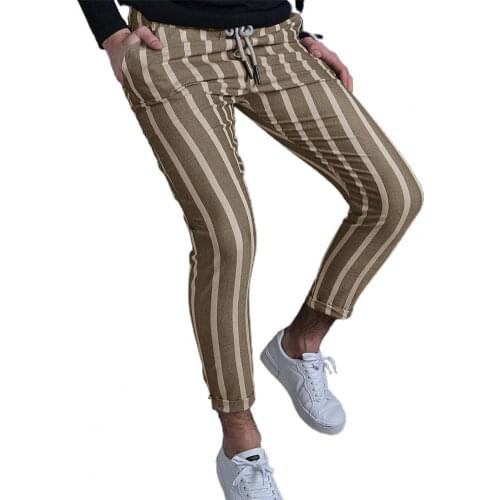 Slim Men Pants Summer Striped Drawstring Closure Casual Pants Streetwear Pockets Trousers for Party Skinny Pants