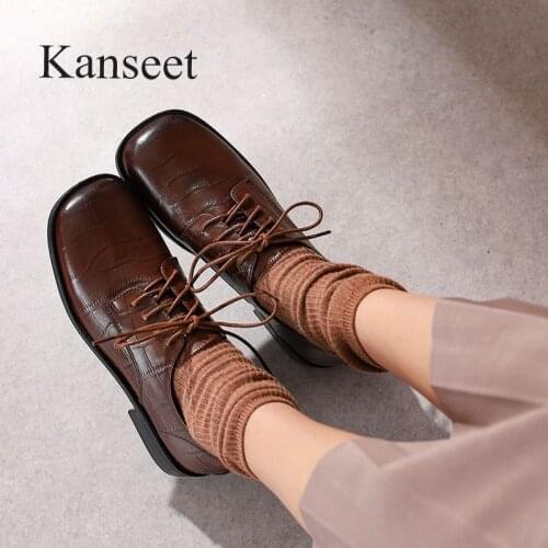 Kanseet New Women Shoes Low Heels Casual Cross-Tied Real Leather Vintage Pumps Female Footwear Square Toe Lady Black Coffee Shoe