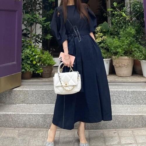 ZAWFL 2021 Summer Elegant Puff Short Sleeve Belted Vintage Women Dress Female Long Dress Straight Loose Vestidos