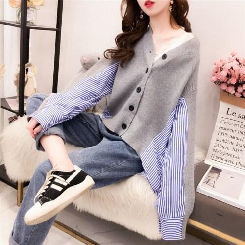 Cardigan Women Knitted Sweater 2021 Spring New Patchwork Striped Knitwear Lady Coat Pull V-Neck Stylish Button Loose Tops Mujer