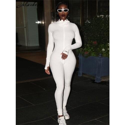 Macheda Zipper High collar Jumpsuit Black white Sexy Bodycon Jumpsuit Long Sleeve Women Elegant Casual jumpsuit