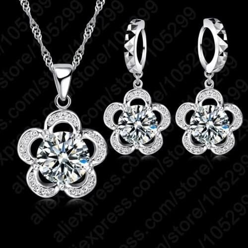 Vintage Antique 925 Sterling Silver Flower Cubic Zirconia Necklace And Earrings Womens Jewelry Sets Anniversary Gift