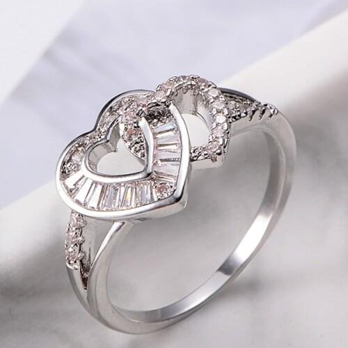 Crystal Zircon Double Heart Ring Ladies Charm Fashion Double Heart Zirconium Metal Jewelry Ladies Jewelry Engagement Party Gift