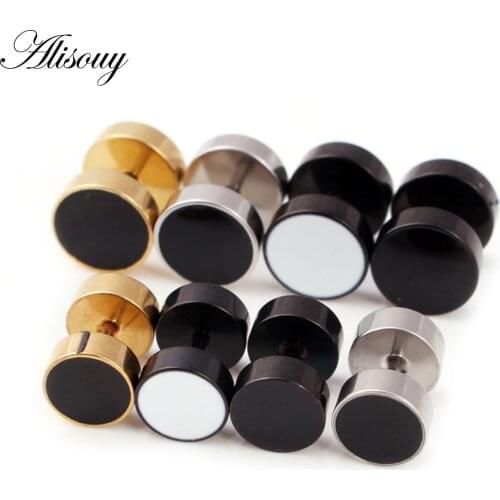 Alisouy 1 pair Hip hop style Barbell Dumbbell Mens Womens Stainless Steel Stud Earrings unisex earrings for boy girl