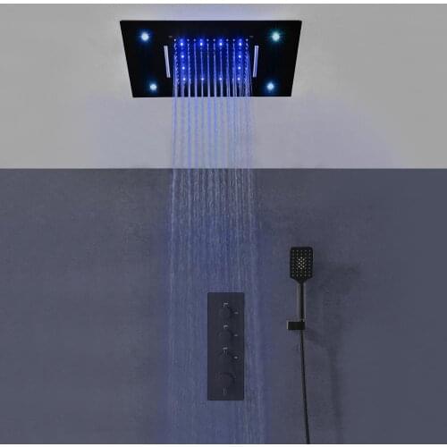 Bathroom 3 Function Ceiling Mounted Rainfall Waterfall LED Shower Head Kit Set Thermostatic Mixer System