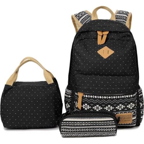 3 in 1 Backpack Junior High School Bag Canvas Dot print Teen Girls Lightweight Laptop Backpacks with Insulated Bag+Pencil Case