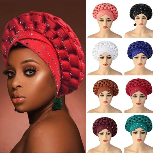 African Women Auto Gele Headties Aso Oke Muslim Adjustable Turban Caps with Rhienstone Nigerian Ready To Wear Bonnet Head Wraps