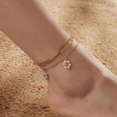 ZV 1pcs Flower Anklet Gold Plated For Women Girls Double-layer Ankletst Link Titanium Steel Charm Accessories Foot Rope Gift