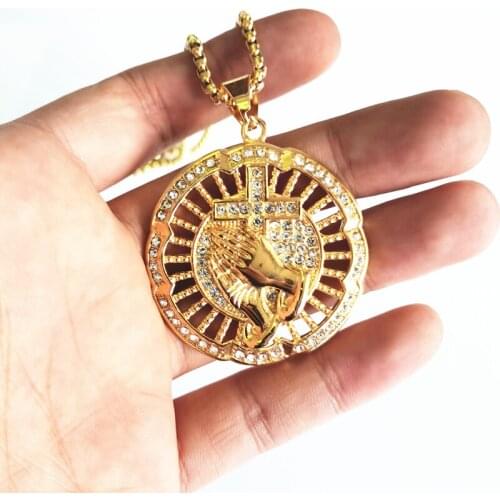 Hip Hop round Iced Out Praying Hands Pendant Stainless Steel Chain Gold Color Cross Prayer Charm Necklace Religious Jewelry