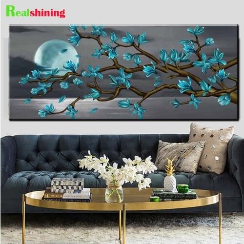 Flowers Diamond Painting Beautiful Blue Flowers Wall Art Poster 3 Pieces Full Moon Diamond Embroidery Modern Home Decor N2298