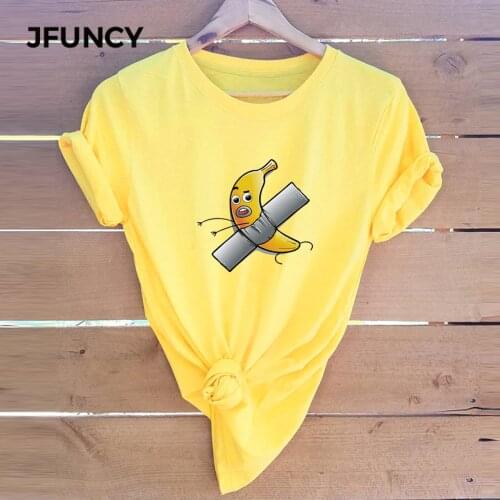 JFUNCY Spoof Banana Print New T Shirt Women Short Sleeve Loose Tshirt Woman Summer Cotton Tee Shirt Plus Size Female Tops Mujer