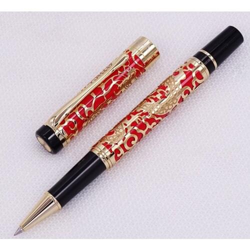Jinhao 5000 Vintage Luxurious Metal Rollerball Pen Beautiful Dragon Texture Carving, Red & Golden Ink Pens for Office Business