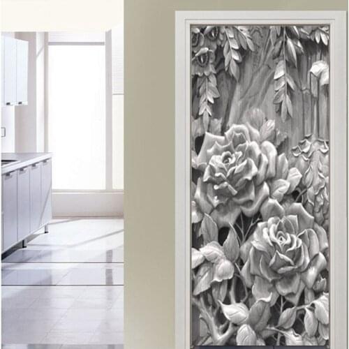 Chinese 3D Carving Landscape Flowers Buildings Door Sticker for Living Room Waterproof PVC Self-adhesive Photo Wall Mural Paper