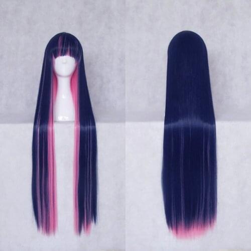Panty & Stocking with Garterbel 100cm blue Pink Fusion Long Straight Hair Heat Resistance Cosplay Costume Wig + Wig Cap