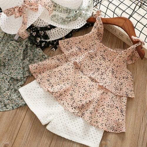 Girls Clothing Sets Summer Kids Clothes Floral Sleeveless Chiffon Halter+Embroidered Shorts Straw Children Clothing