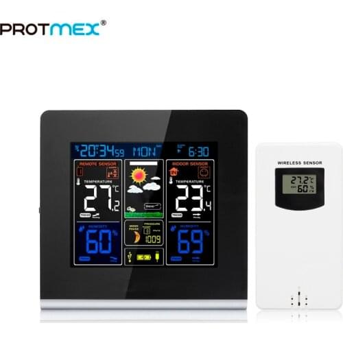 Protmex 3379C Weather Station, Wilress RF433 Color Weather Forecast Station Alarm Clock With Indoor Outdoor Humidity Temperature
