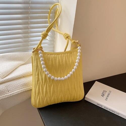 Fashion Pleated PU Leather Women Designer Handbags Pearl Strap Underarm Bags For Women Solid Color Female Shoulder Crossbody Bag