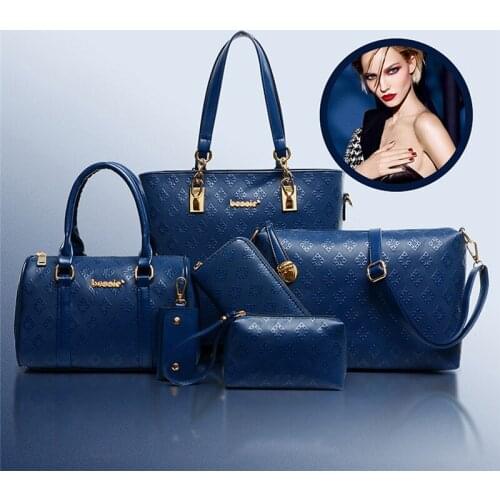 6 Pcs / Set Fashion Women Composite Bags PU Leather Diamond lattice Print Women Handbag Bag Wallets Purse Key Bag Set