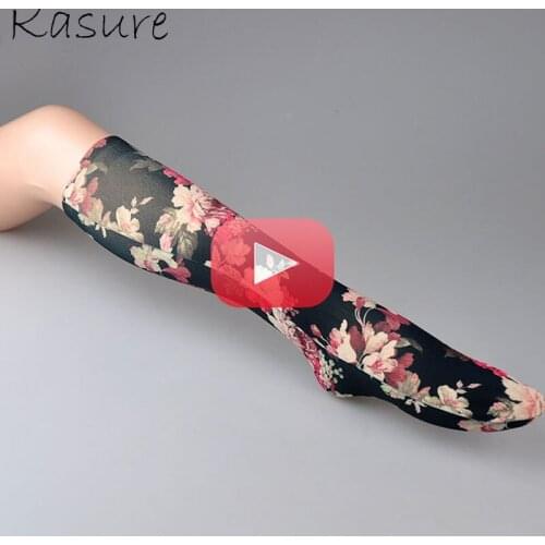 KASURE Flower Pattern Silk Print Long Socks for Women New Fashion Elastic Spring Summer Ankle Socks for Young Ladies