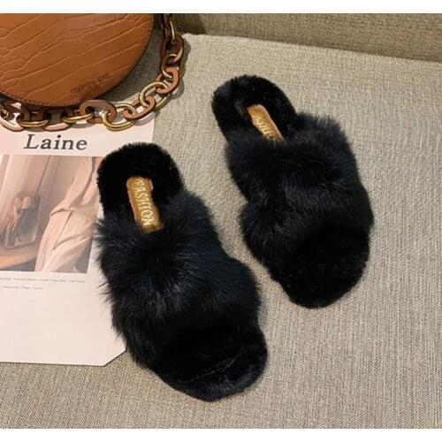 2020 New Ladies Fluffy Rabbit Fur Slippers Casual Cross Soft Indoor Slides Furry Warm Lazy Quality Flip Flops Plush Shoes