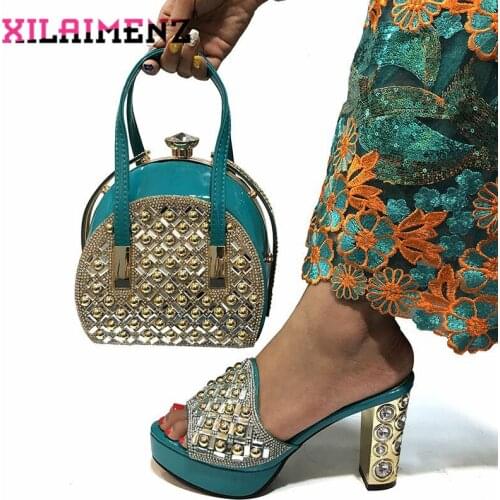 Teal Color 2019 New Arrival African Rhinestone Slippers With Bag Set Italian Pretty Pumps Women Shoes And Bag To Match Set