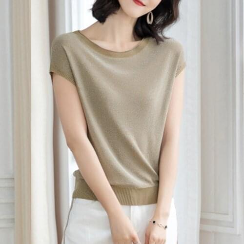 Solid Color Shiny Lurex Knitted Sweater Vest Women Casual V Neck Short Sleeve Pullover Tops 2021 Summer Elegant Waistcoat