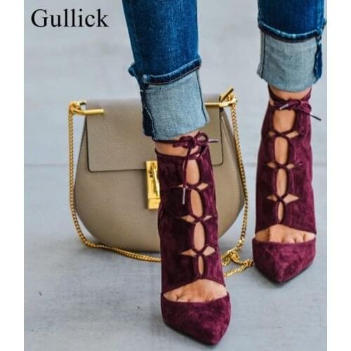 Sexy Pointed Toe Wine Red Suede Pumps Lace-up Cut-out High Heels Cage Shoes Office Lady Dress Shoes Ankle Strap Gladiator Sandal
