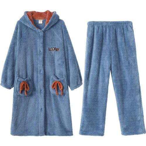 Womens Pajamas Set Hooded Nightgown Cartoon Cute Warm Pijama Animal Plush Coral Fleece Sleepwear Girl Homewear Long Bathrobe