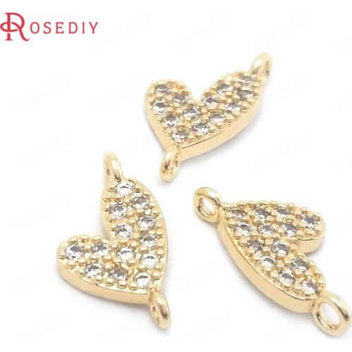 38462)4PCS 8x14MM 24K Gold Color Brass and Zircon 2 Holes Heart Connect Charms Pendants High Quality Jewelry Making Supplies