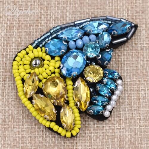 Colorful Rhinestone Crystal Fish Patch Flocking Bottom Sewing On Applique With Artificial Pearls Decor Badge