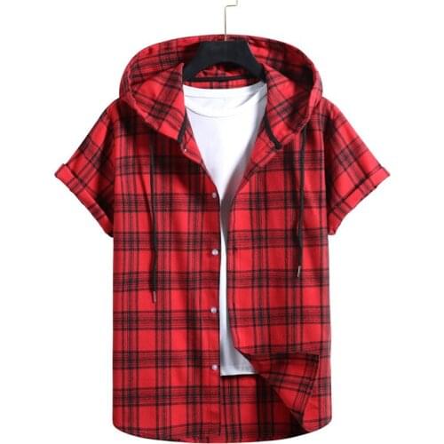 2021 Summer New Short Sleeve Hooded Plaid Button Up Shirt Mens Cardigan Top Man High Quality