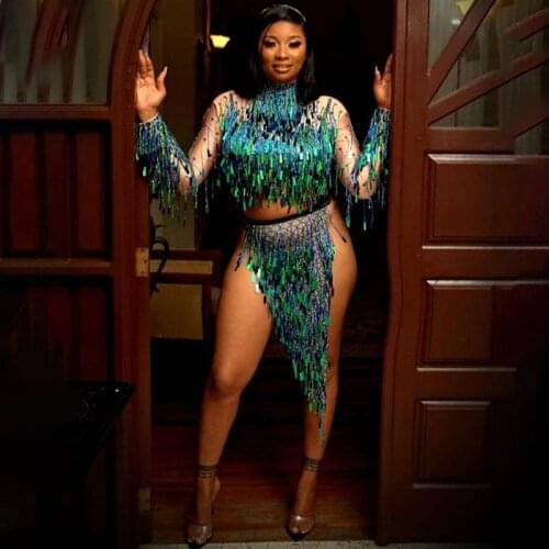 Sexy Stage Flashing Silver Sequins Fringe Tassel Bodysuit Women Dancer DS Show High-collar Outfit Birthday Long Sleeves Bodysuit