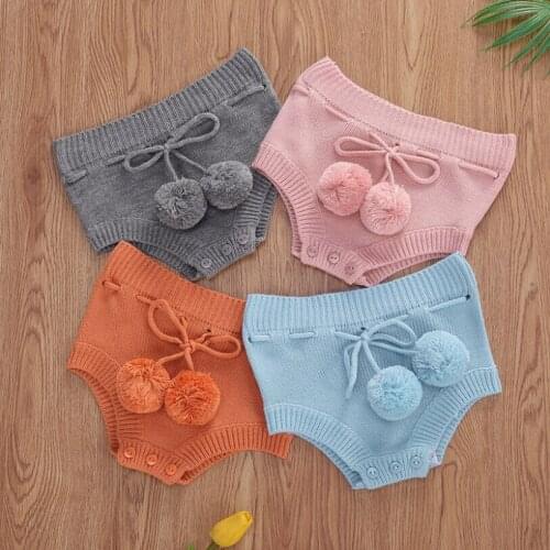Infant Kids Baby Knitted Shorts Solid Drawing Straps Elastic Band Balls Tassel Button Closure Bottoms Short Triangle Trouser