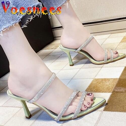 Summer Ladies Shoes Diamonds Chain Slides All-Match Sexy Slides Korean Style Sweet Wedding Bride Pointed Thin High Heel Sandals